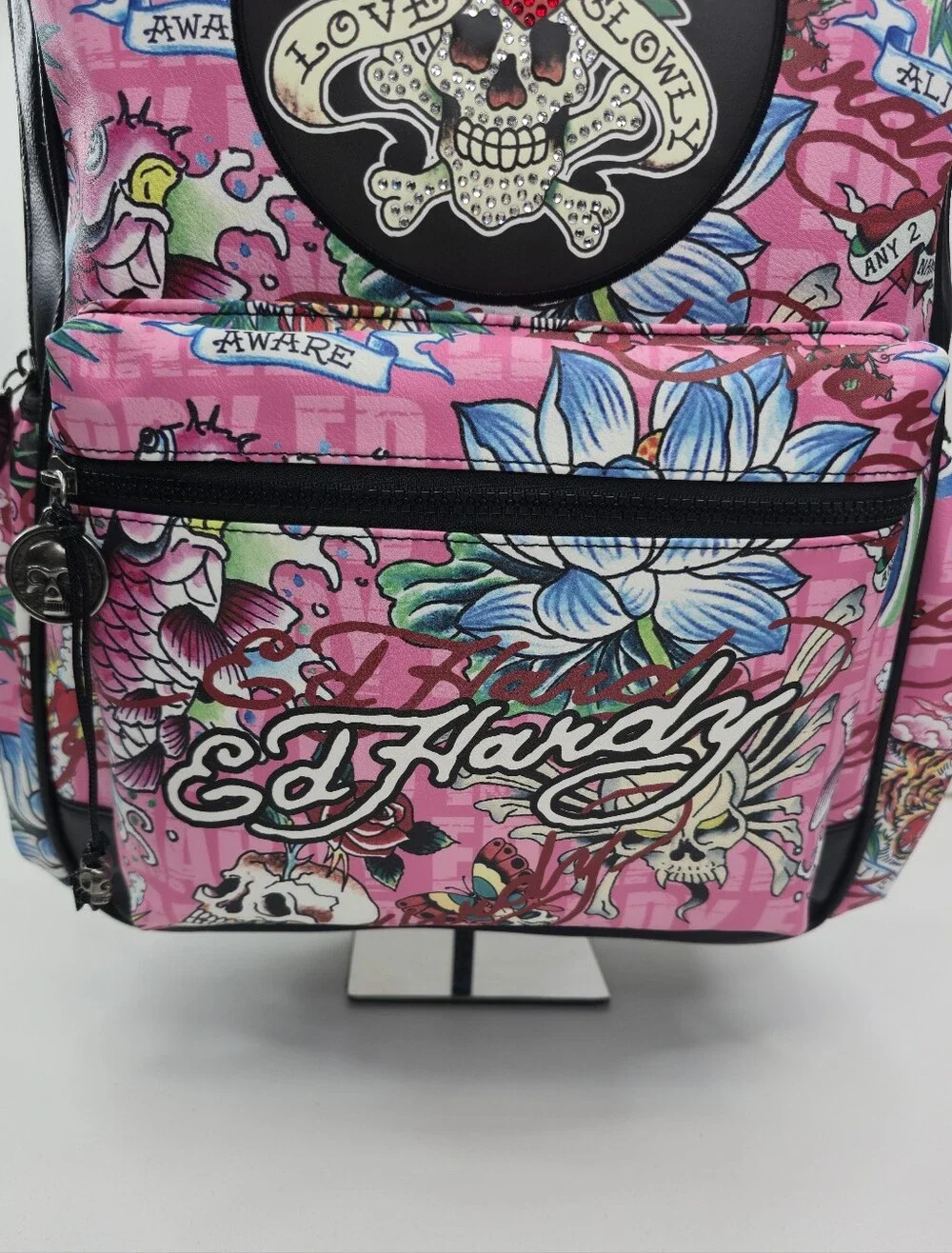 Ed Hardy Love Kills Slowly Tattoo Print Lap Top Backpack Pink Black Skull NWT